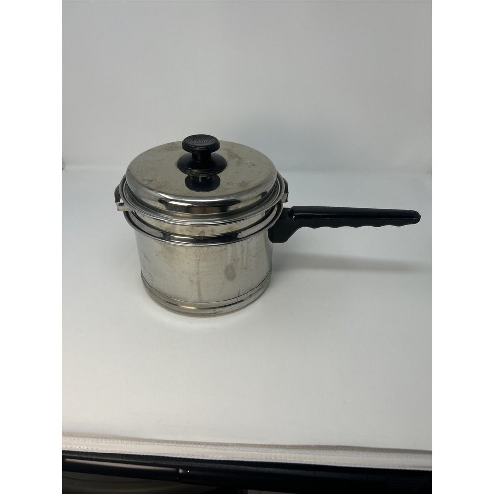 Vintage Lifetime 2.5 QT Saucepan Double Boiler and Lid Stainless Steel USA 3 PC